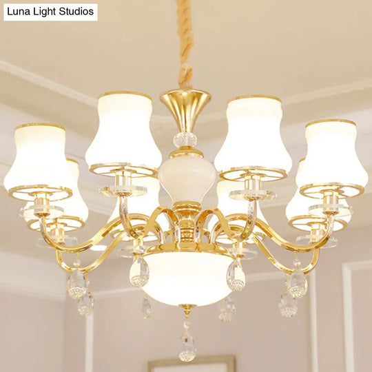 Minimalist Gold Chandelier Pendant With Curved Down Lighting And Frosted Glass Shade 8 / White A