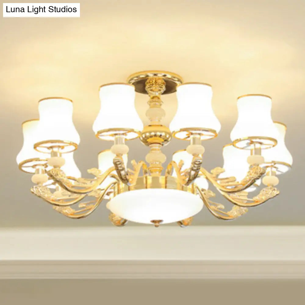 Minimalist Gold Chandelier Pendant With Curved Down Lighting And Frosted Glass Shade 10 / White D