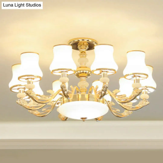 Minimalist Gold Chandelier Pendant With Curved Down Lighting And Frosted Glass Shade 10 / White D