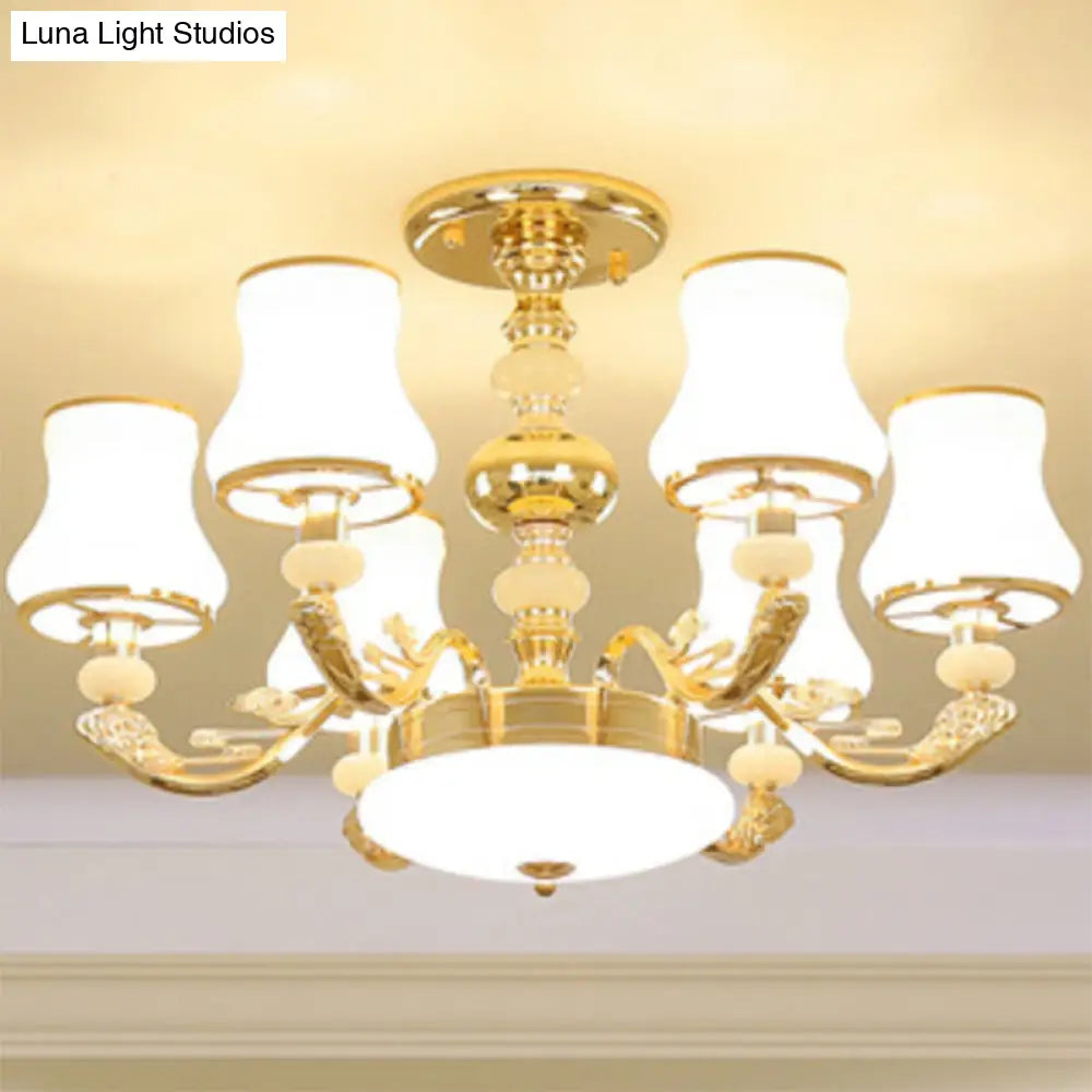 Minimalist Gold Chandelier Pendant With Curved Down Lighting And Frosted Glass Shade 6 / White D