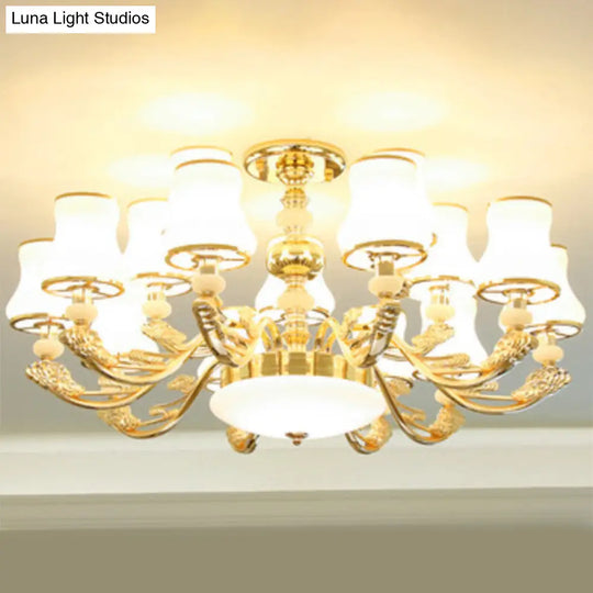 Minimalist Gold Chandelier Pendant With Curved Down Lighting And Frosted Glass Shade 15 / White D