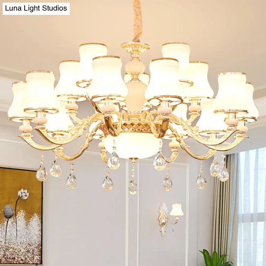 Minimalist Gold Chandelier Pendant With Curved Down Lighting And Frosted Glass Shade 15 / White C