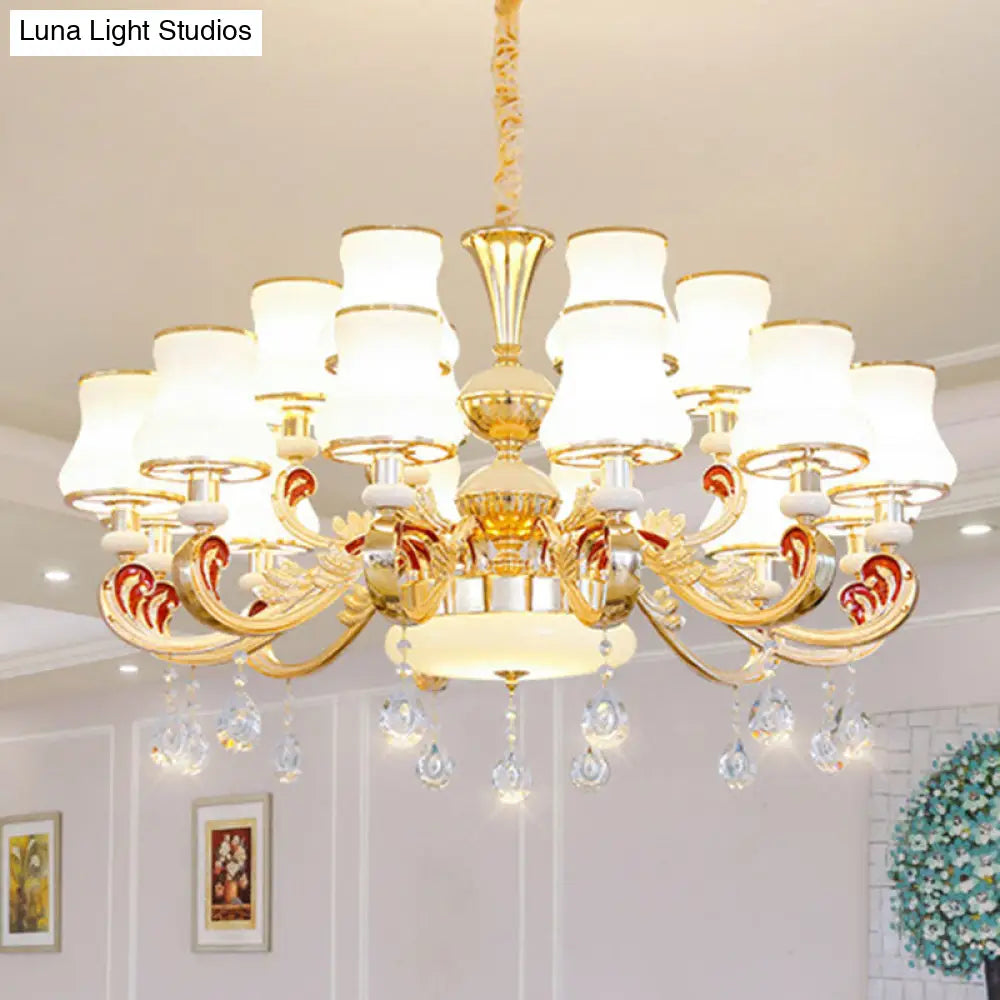 Gold Curved Downlight Pendant Chandelier With White Frosted Glass Shade