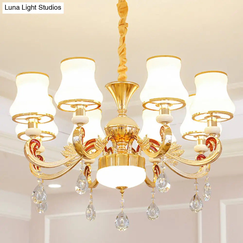 Minimalist Gold Chandelier Pendant With Curved Down Lighting And Frosted Glass Shade 8 / White B