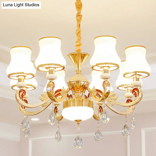 Minimalist Gold Chandelier Pendant With Curved Down Lighting And Frosted Glass Shade 8 / White B