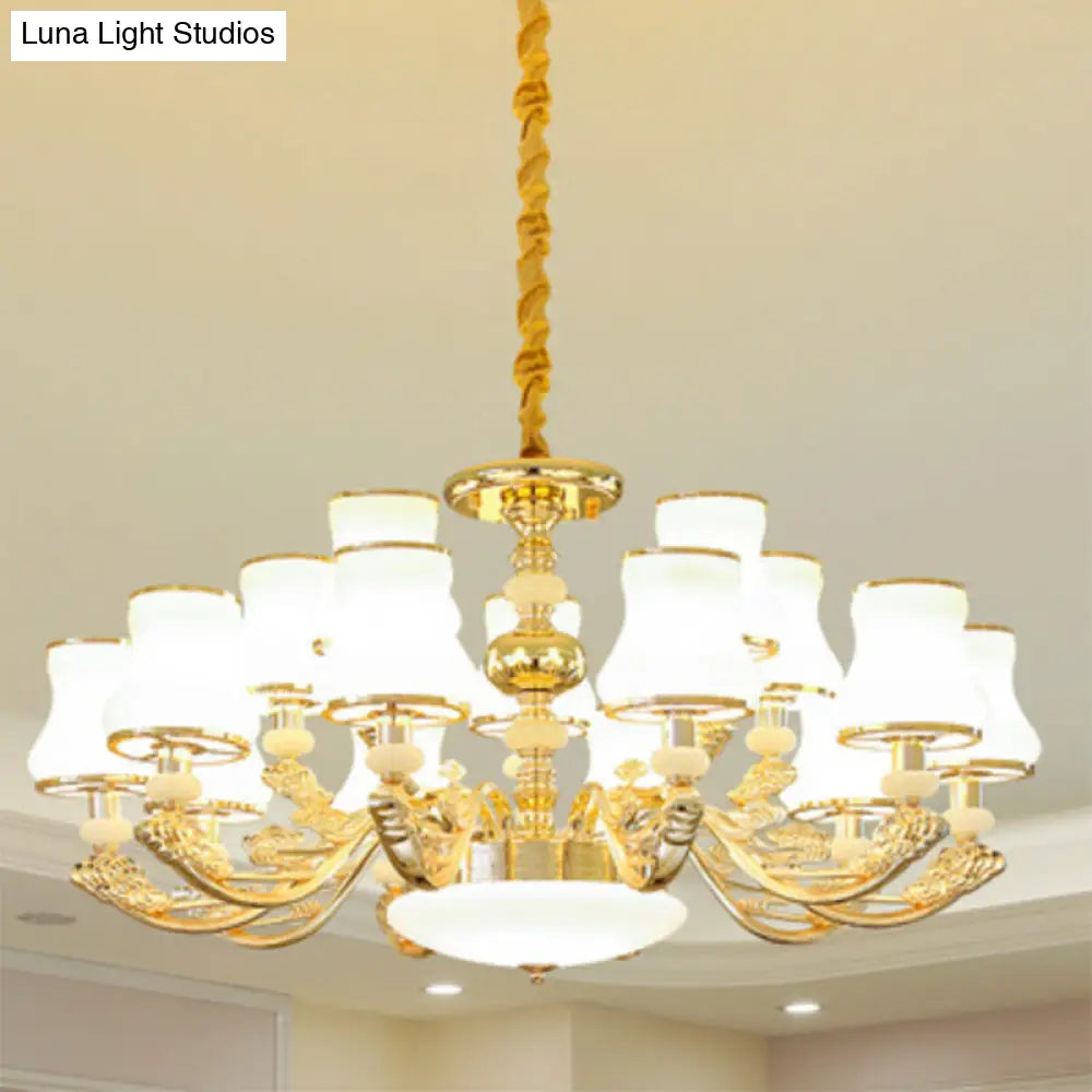 Minimalist Gold Chandelier Pendant With Curved Down Lighting And Frosted Glass Shade 15 / White A