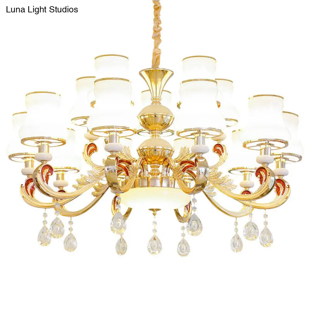 Minimalist Gold Chandelier Pendant With Curved Down Lighting And Frosted Glass Shade