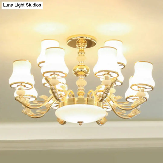 Minimalist Gold Chandelier Pendant With Curved Down Lighting And Frosted Glass Shade 12 / White D