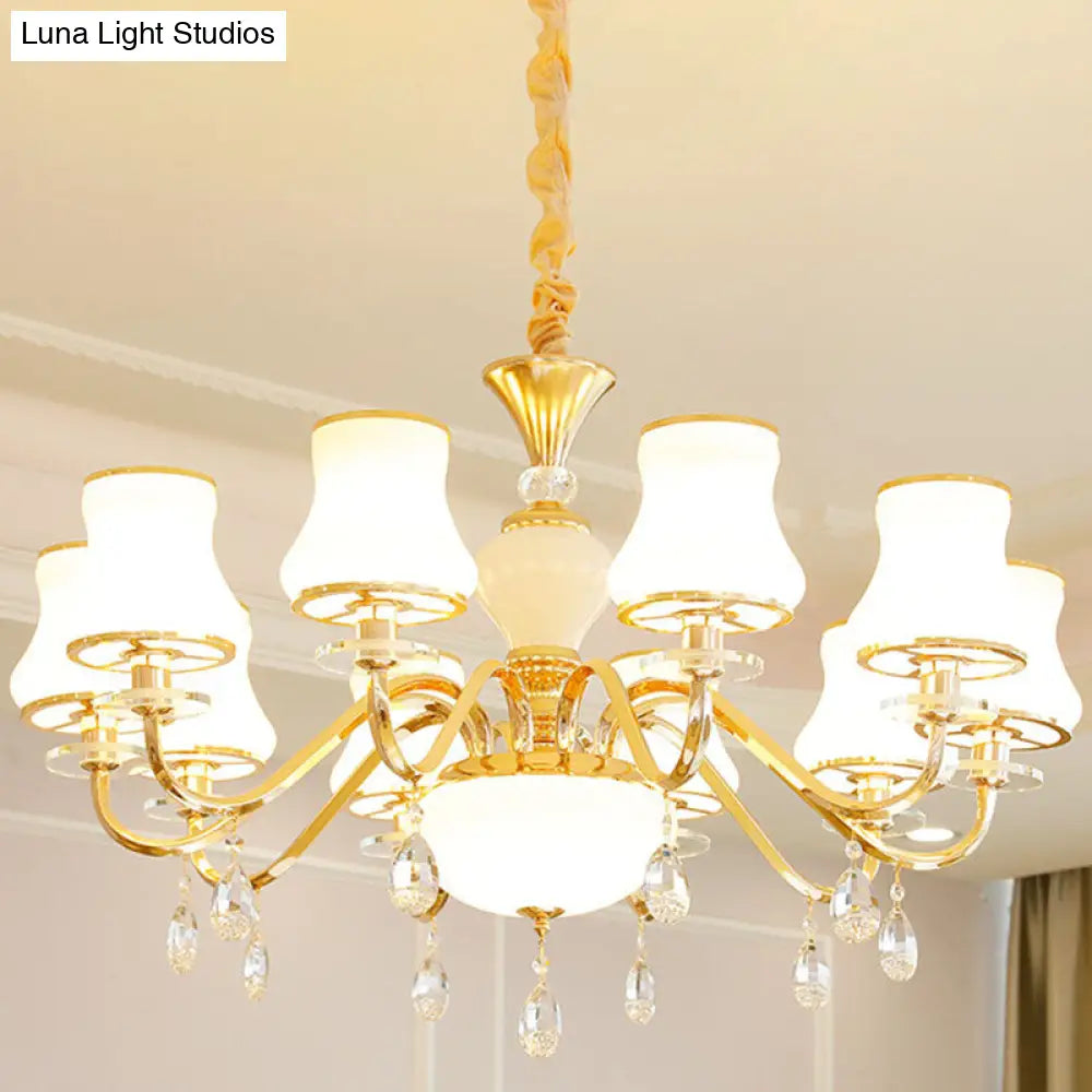 Minimalist Gold Chandelier Pendant With Curved Down Lighting And Frosted Glass Shade 10 / White A