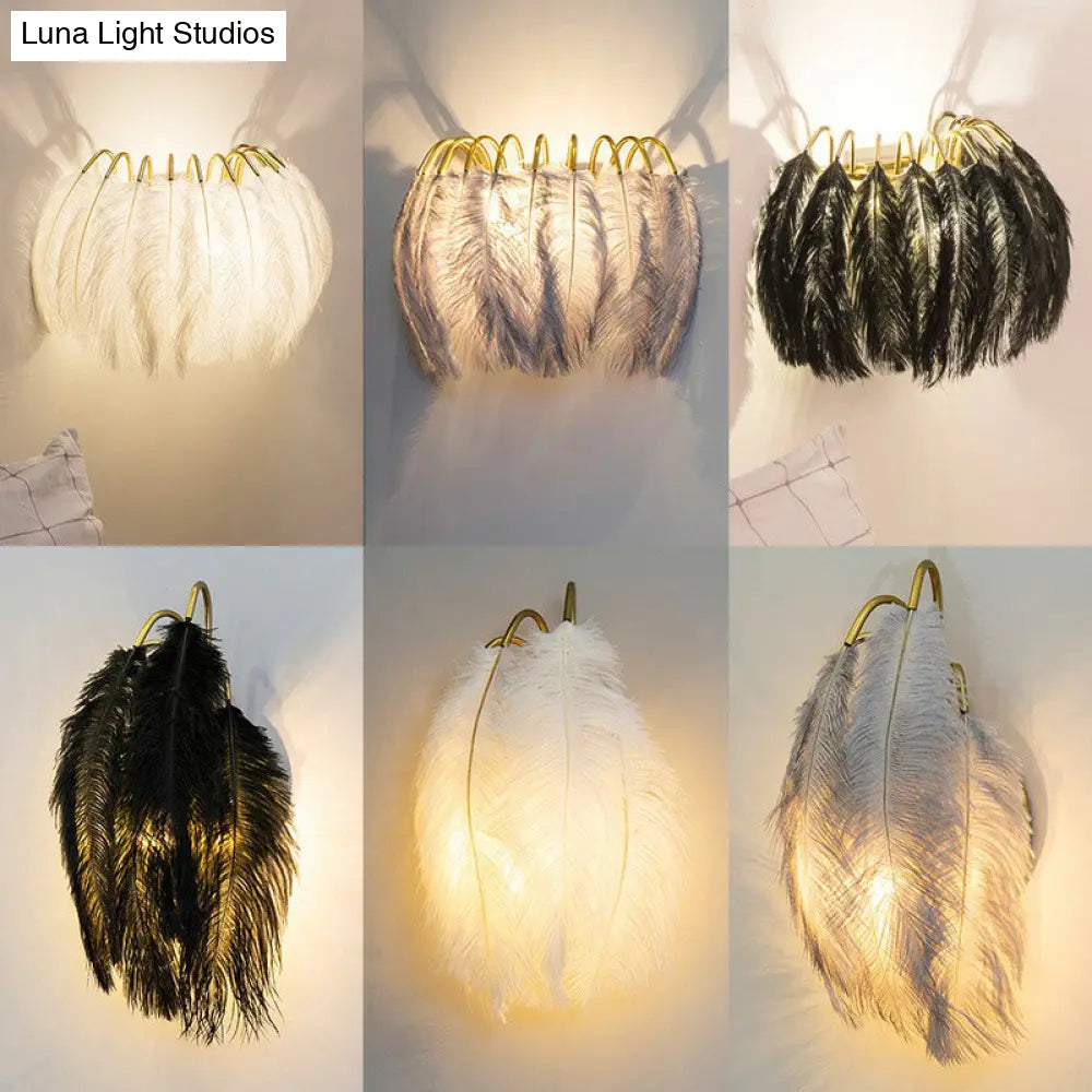 Gold Curved Sconce - Simplicity Feather Wall Light Fixture For Bedside