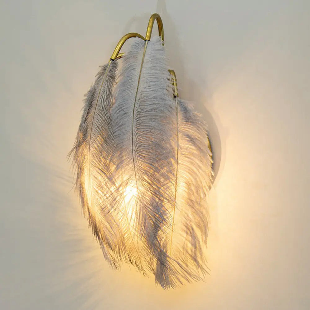 Gold Curved Sconce - Simplicity Feather Wall Light Fixture For Bedside / Gray B