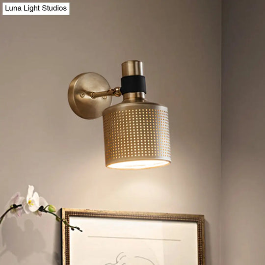 Gold Cylinder Bedroom Wall Lamp - Metal Sconce With Cutout Design