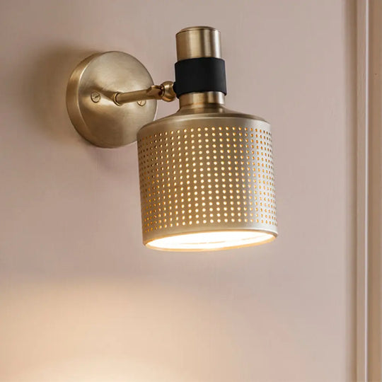 Gold Cylinder Bedroom Wall Lamp - Metal Sconce With Cutout Design