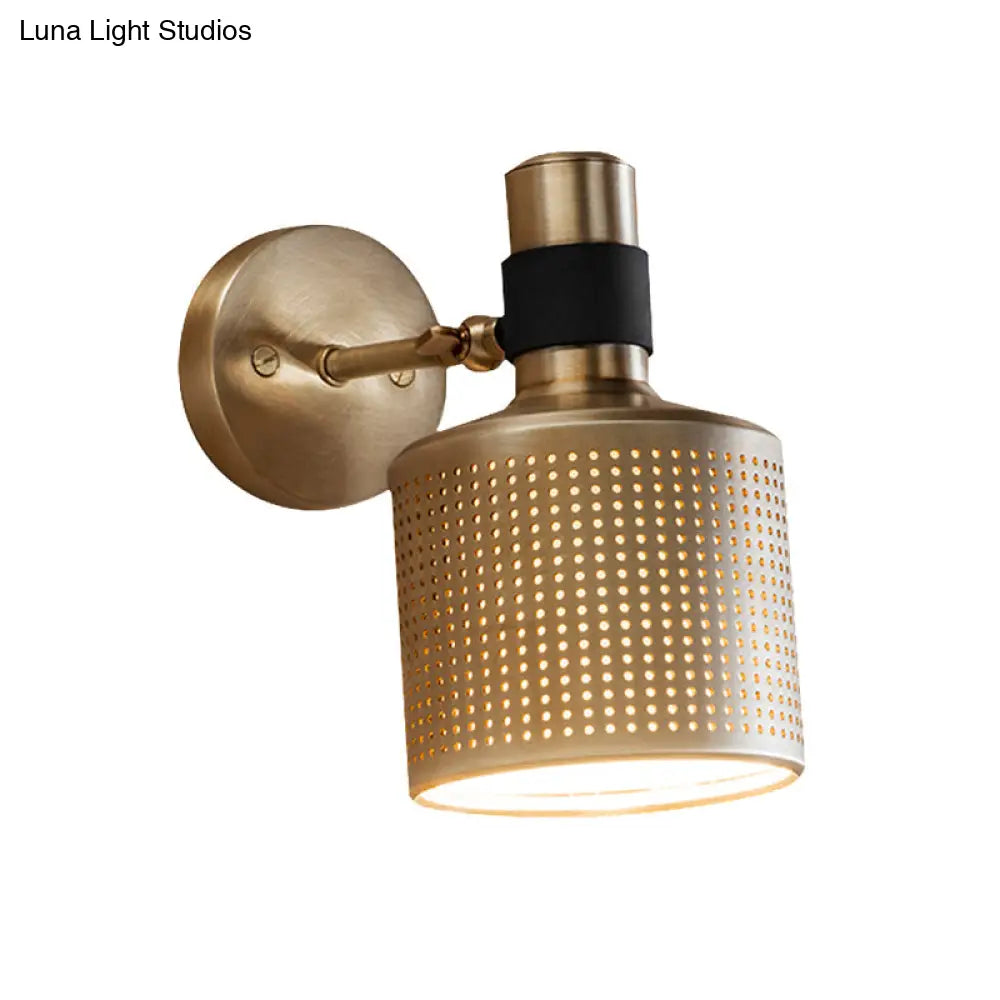 Gold Cylinder Bedroom Wall Lamp - Metal Sconce With Cutout Design