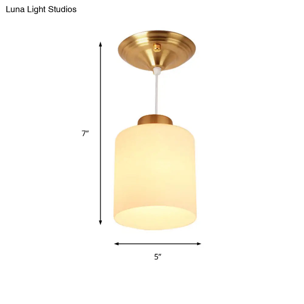 Gold Cylinder Ceiling Light With Traditional White Glass - 1 Pendant Lighting Fixture For Corridor