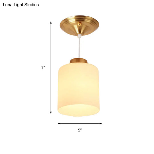 Gold Cylinder Ceiling Light With Traditional White Glass - 1 Pendant Lighting Fixture For Corridor