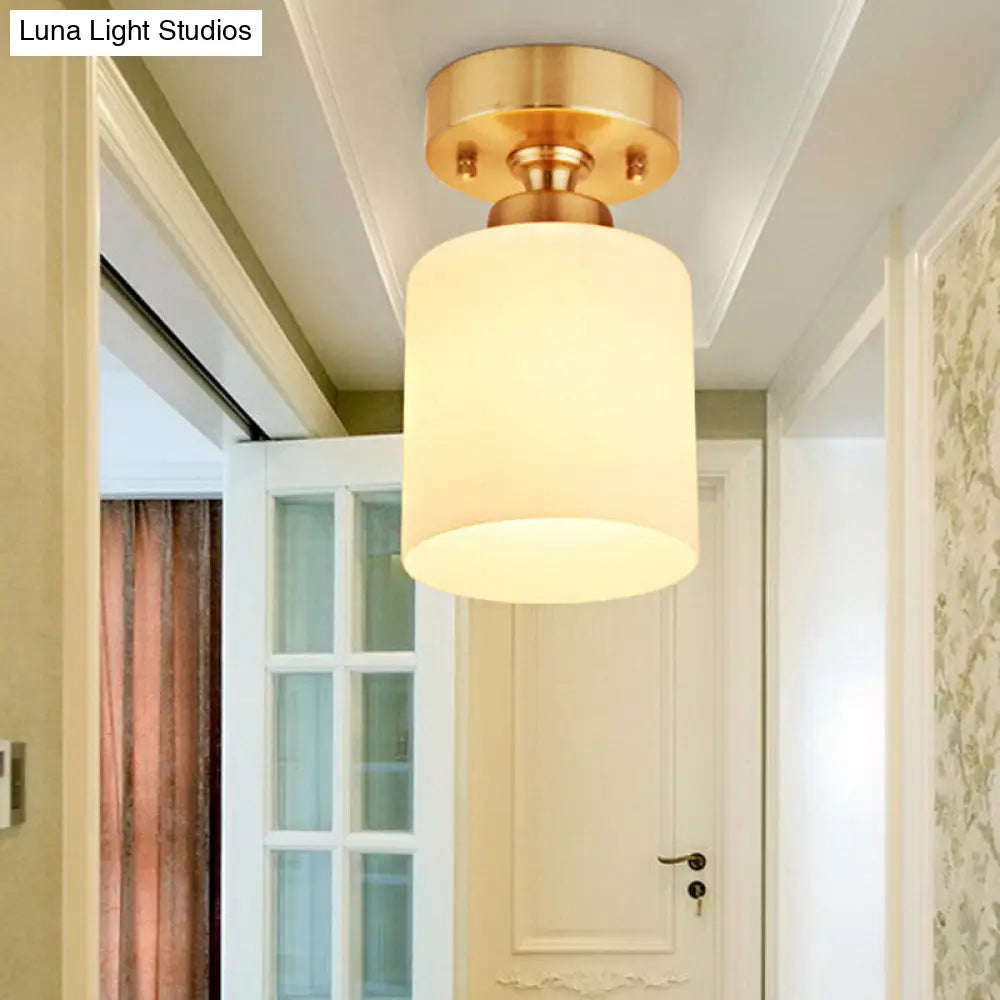 Gold Cylinder Ceiling Light With Traditional White Glass - 1 Pendant Lighting Fixture For Corridor