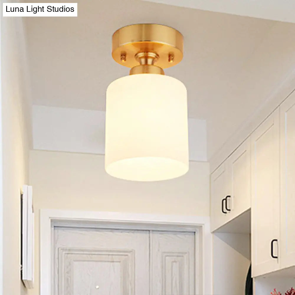 Gold Cylinder Ceiling Light With Traditional White Glass - 1 Pendant Lighting Fixture For Corridor