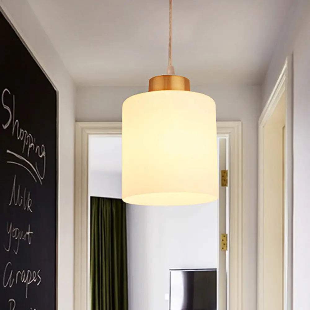 Gold Cylinder Ceiling Light With Traditional White Glass - 1 Pendant Lighting Fixture For Corridor