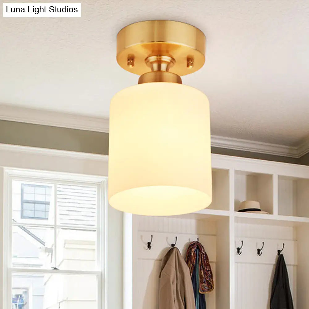 Gold Cylinder Ceiling Light With Traditional White Glass - 1 Pendant Lighting Fixture For Corridor