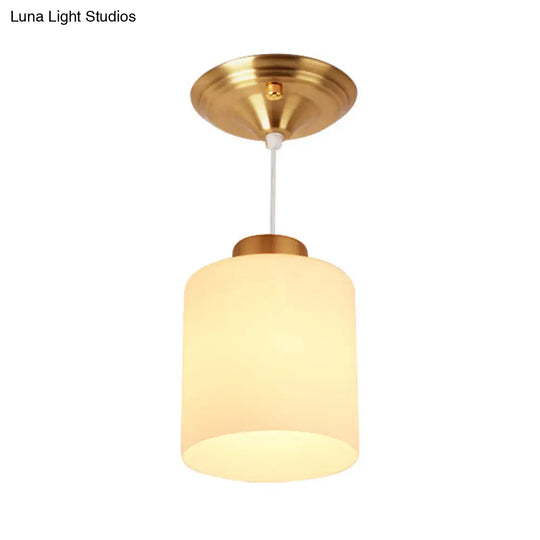 Gold Cylinder Ceiling Light With Traditional White Glass - 1 Pendant Lighting Fixture For Corridor