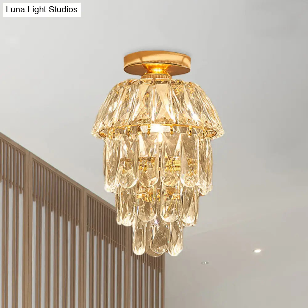 Gold Cylinder Pinecone Foyer Ceiling Lamp - Simple Crystal Design With Semi-Flush Mount 1 Bulb