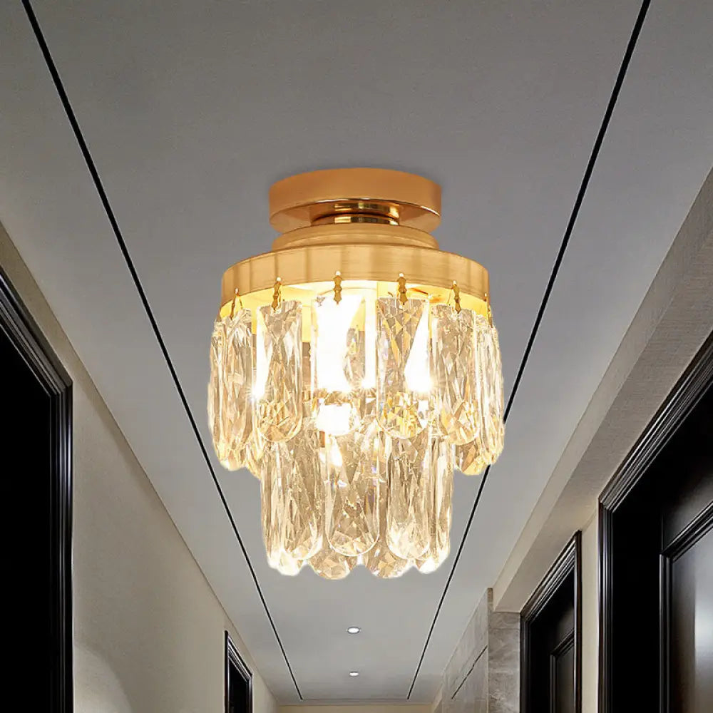 Gold Cylinder Pinecone Foyer Ceiling Lamp - Simple Crystal Design With Semi-Flush Mount 1 Bulb