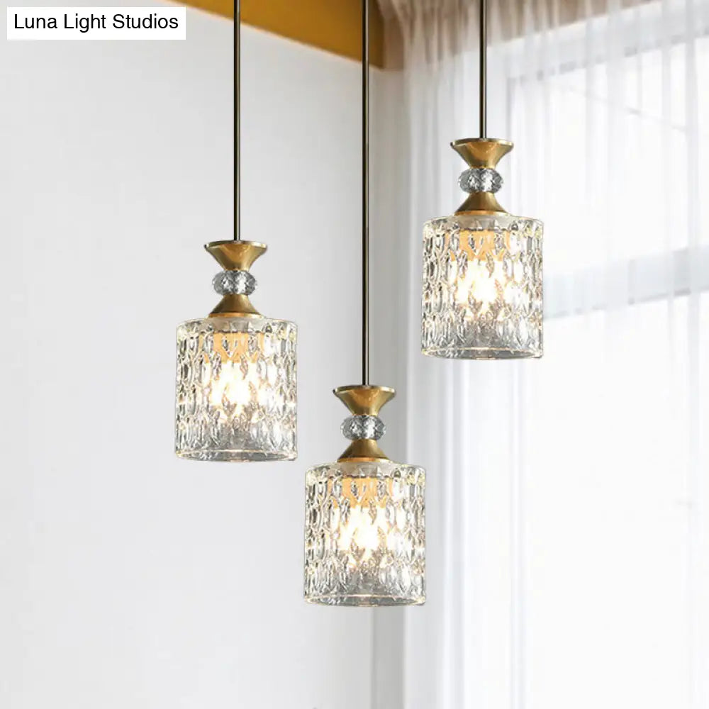 Gold Cylindrical Crystal Cluster Pendant Light - Luxurious 3-Light Down Lighting For Restaurants