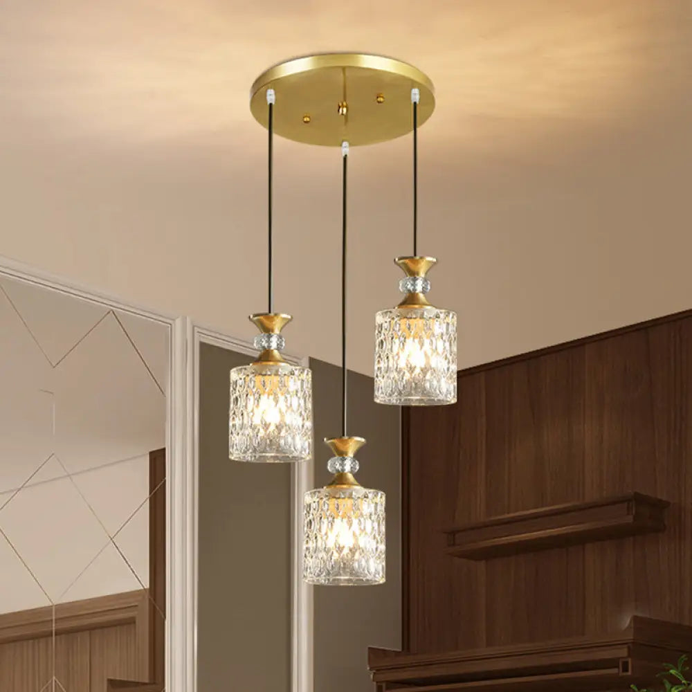 Gold Cylindrical Crystal Pendant Light: Luxurious 3-Light Restaurant Down Lighting