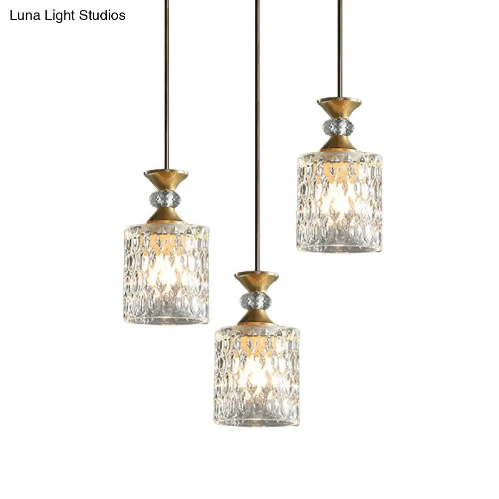 Gold Cylindrical Crystal Cluster Pendant Light - Luxurious 3-Light Down Lighting For Restaurants