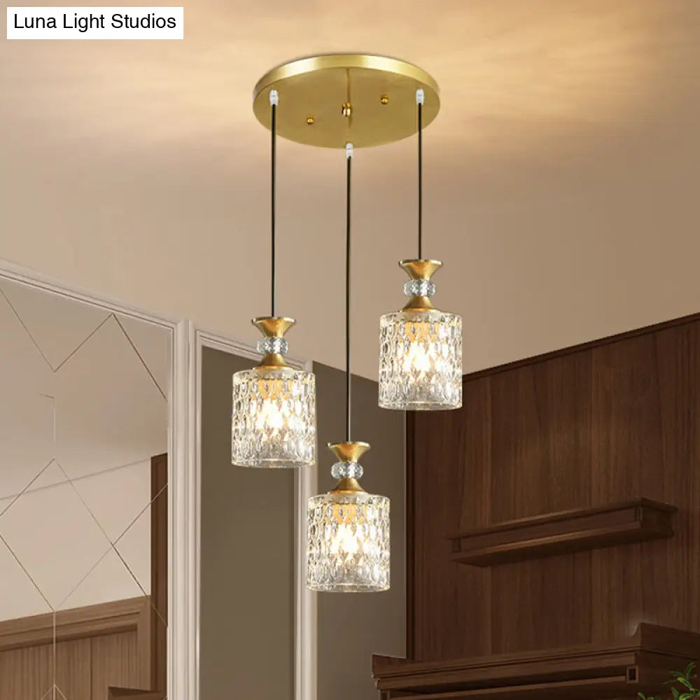 Gold Cylindrical Crystal Cluster Pendant Light - Luxurious 3-Light Down Lighting For Restaurants