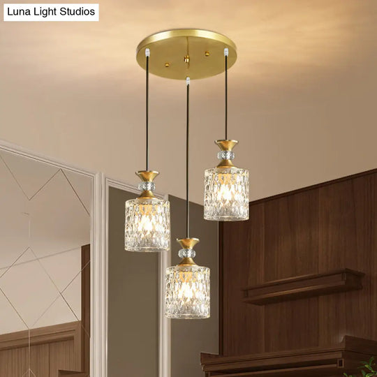 Gold Cylindrical Crystal Cluster Pendant Light - Luxurious 3-Light Down Lighting For Restaurants