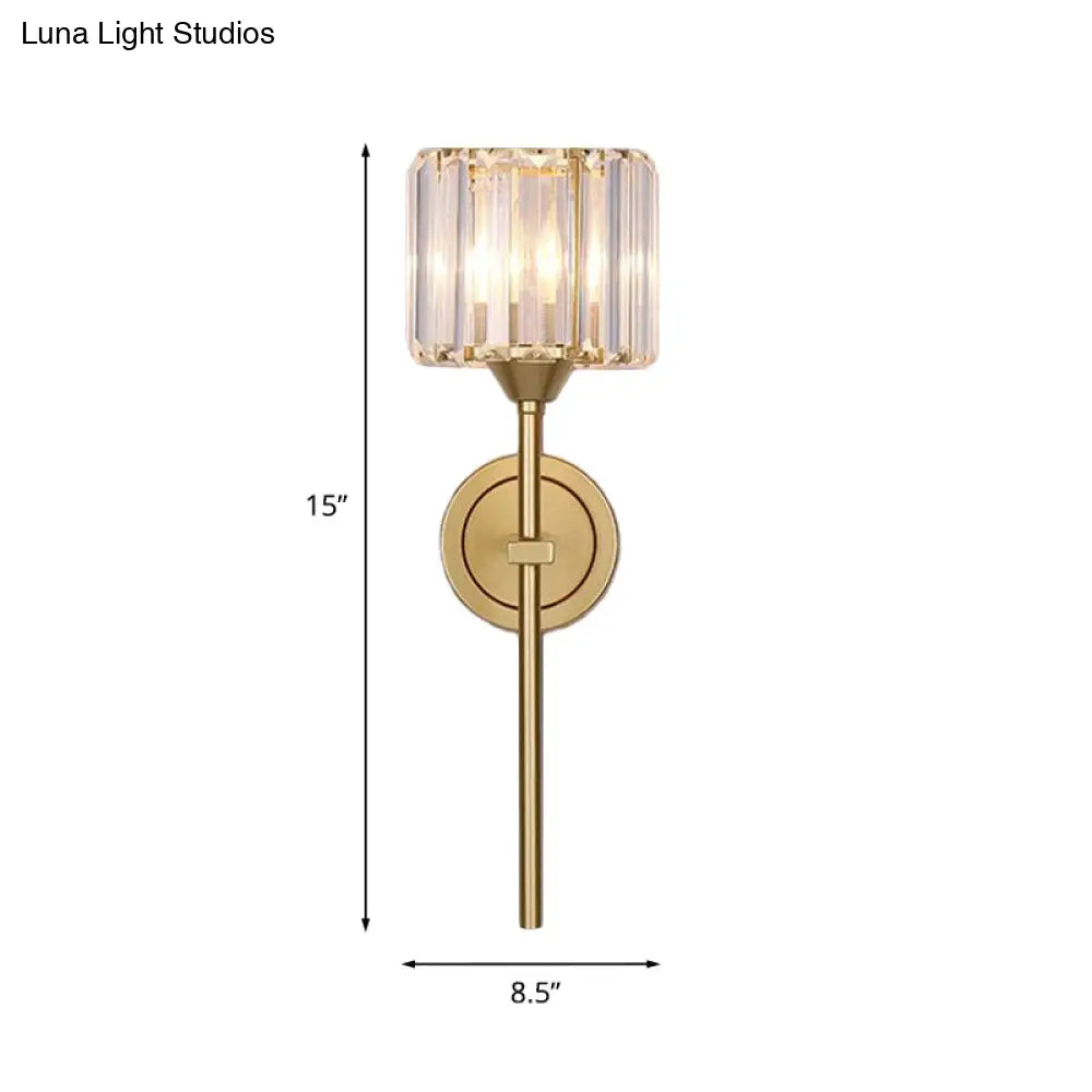 Gold Cylindrical Wall Lamp With Clear Crystal Block Sconce - Simplicity Design