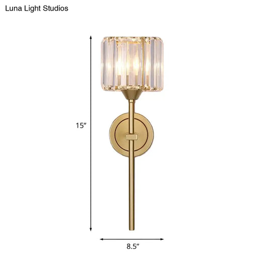 Gold Cylindrical Wall Lamp With Clear Crystal Block Sconce - Simplicity Design