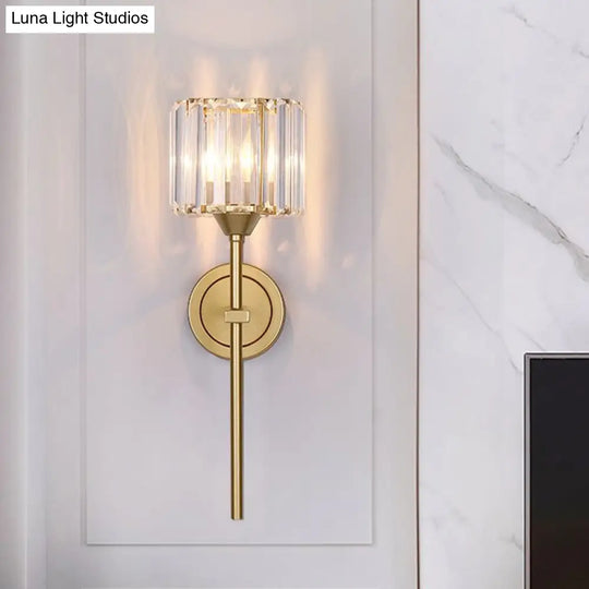 Gold Cylindrical Wall Lamp With Clear Crystal Block Sconce - Simplicity Design