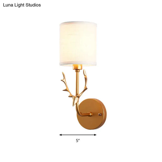 Gold Deer Wall Lamp - Rustic Metal Cylinder Shade Bedroom Lighting