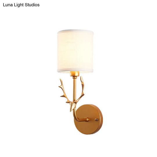 Gold Deer Wall Lamp - Rustic Metal Cylinder Shade Bedroom Lighting