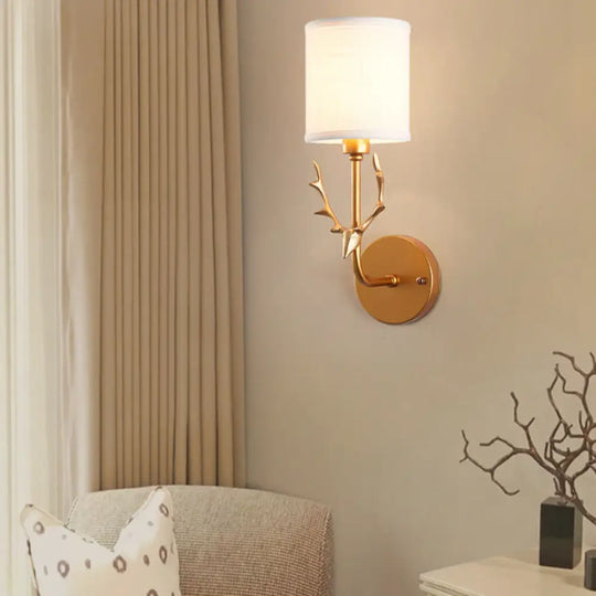 Gold Deer Wall Lamp - Rustic Metal Cylinder Shade Bedroom Lighting White