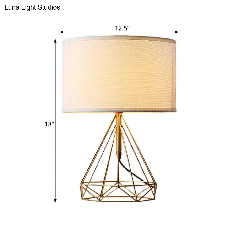 Gold Diamond Cage Table Light - Minimalist Metallic Bedside Lamp With White Fabric Shade