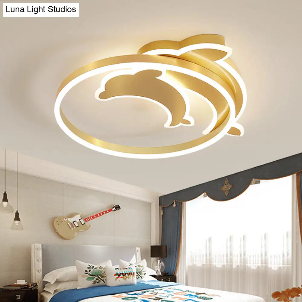 Gold Dolphin & Loop Led Ceiling Light For Kids With Acrylic Shade