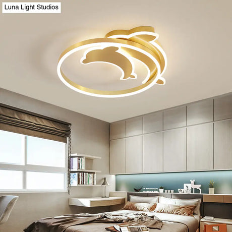 Gold Dolphin & Loop Led Ceiling Light For Kids With Acrylic Shade