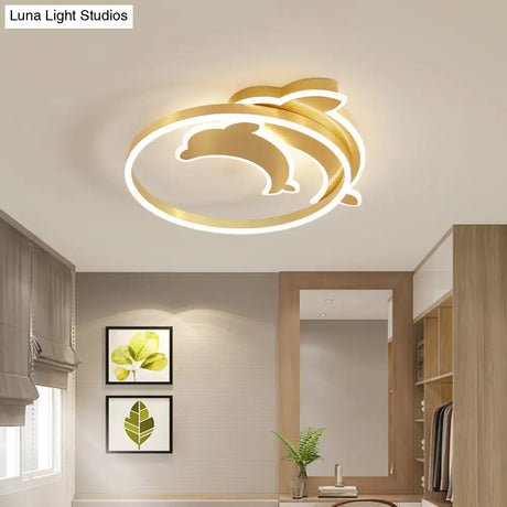 Gold Dolphin & Loop Led Ceiling Light For Kids With Acrylic Shade