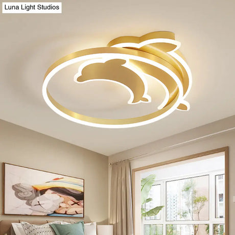 Gold Dolphin & Loop Led Ceiling Light For Kids With Acrylic Shade