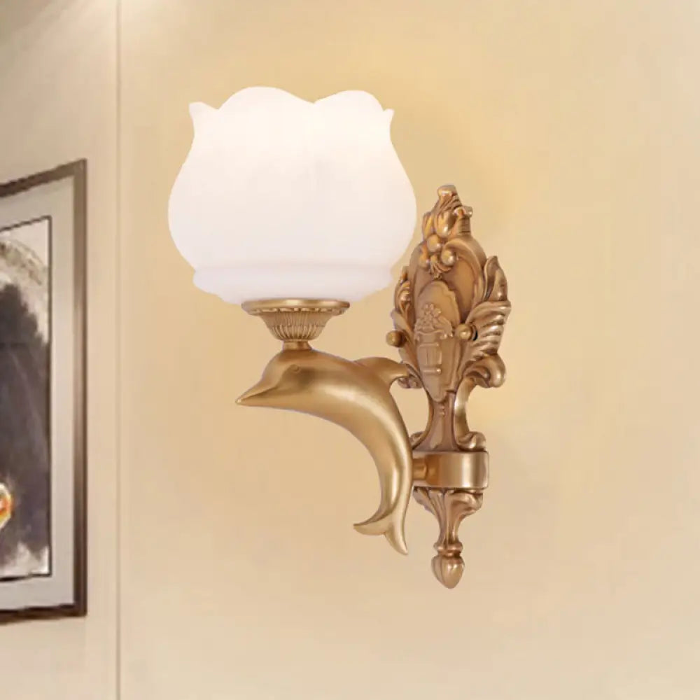 Gold Dolphin Wall Sconce Lamp - Retro Metal 1-Light Light With Opal Glass Shade