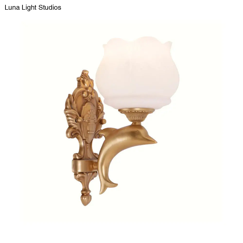 Gold Dolphin Wall Sconce Lamp - Retro Metal 1-Light Light With Opal Glass Shade