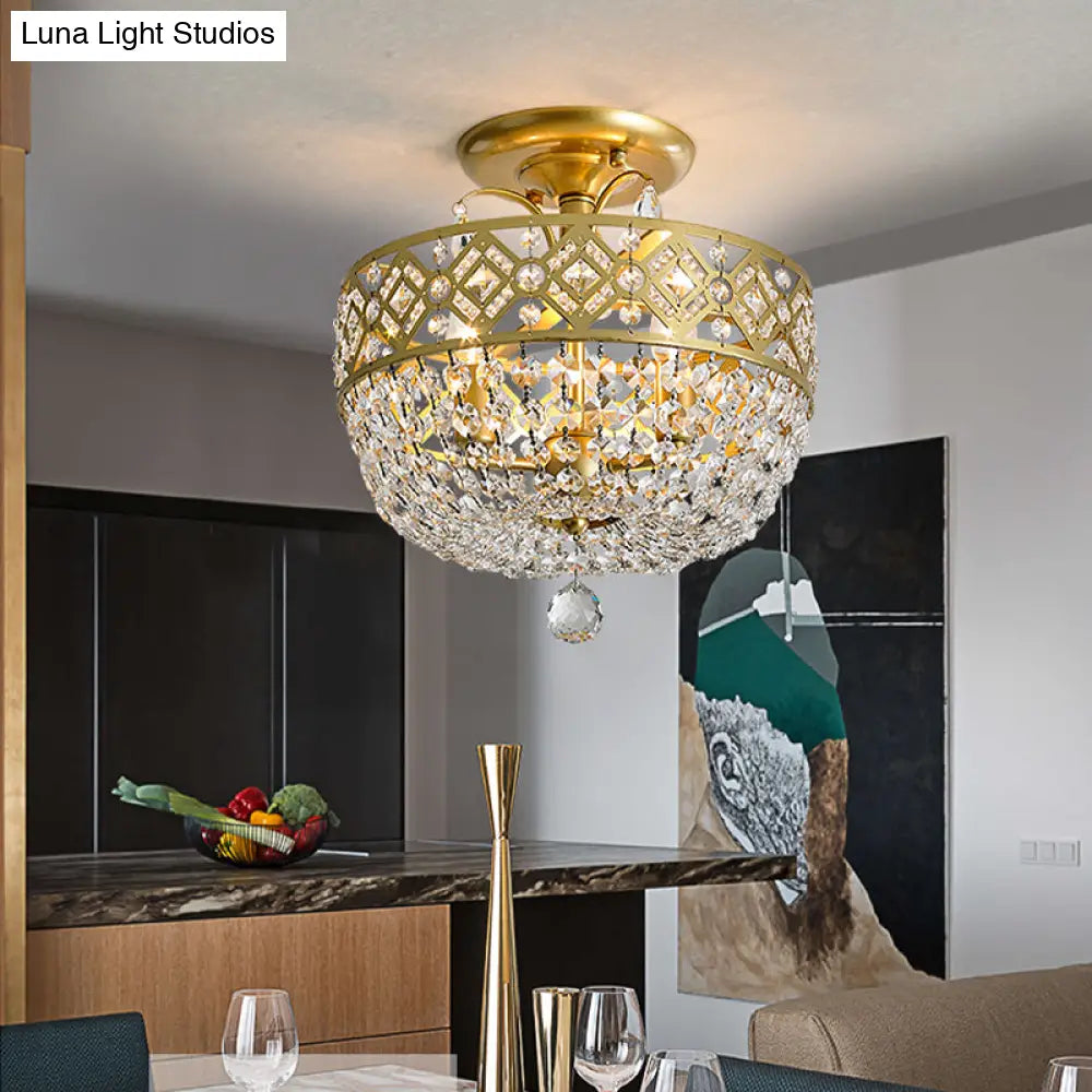 Gold Dome Semi Flush Mount Light With Postmodern K9 Crystal Accents - 3 Lights For Bedroom Ceiling