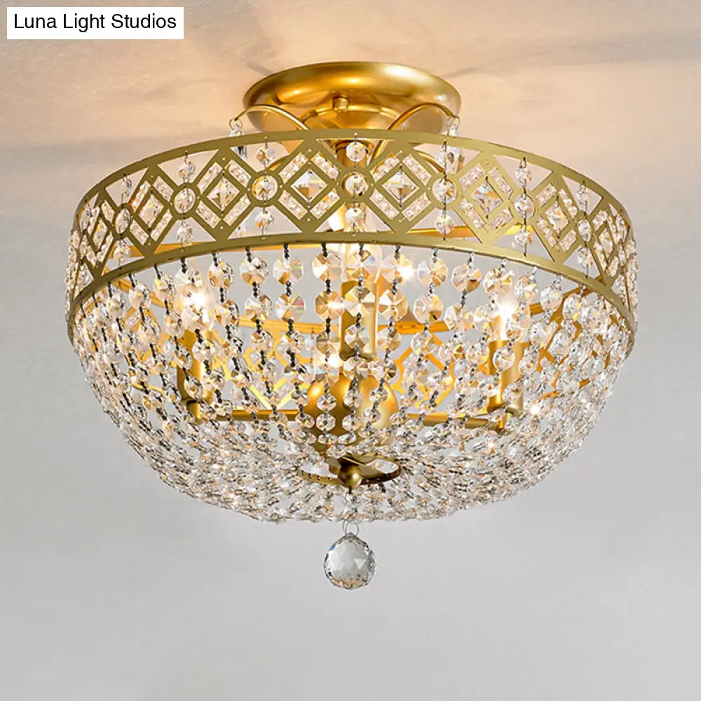 Gold Dome Semi Flush Mount Light With Postmodern K9 Crystal Accents - 3 Lights For Bedroom Ceiling