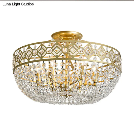 Gold Dome Semi Flush Mount Light With Postmodern K9 Crystal Accents - 3 Lights For Bedroom Ceiling