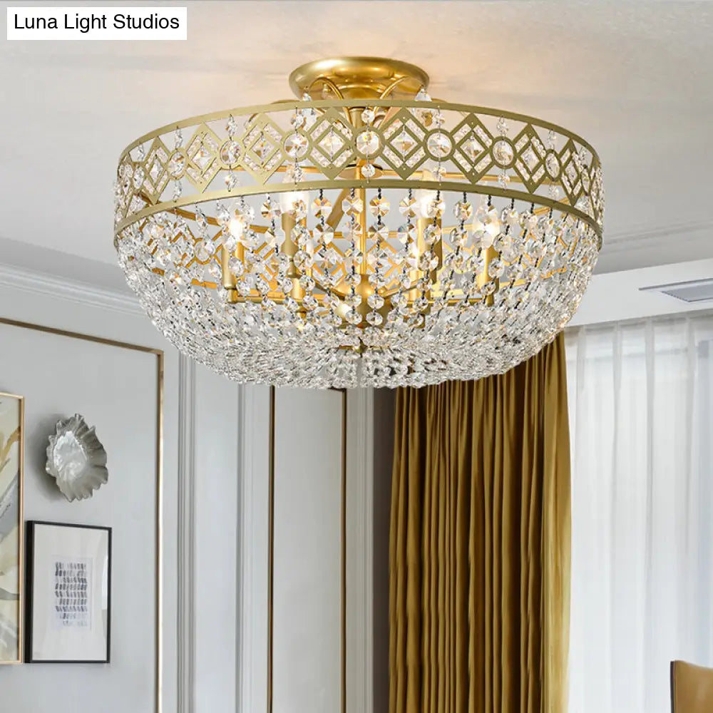 Gold Dome Semi Flush Mount Light With Postmodern K9 Crystal Accents - 3 Lights For Bedroom Ceiling