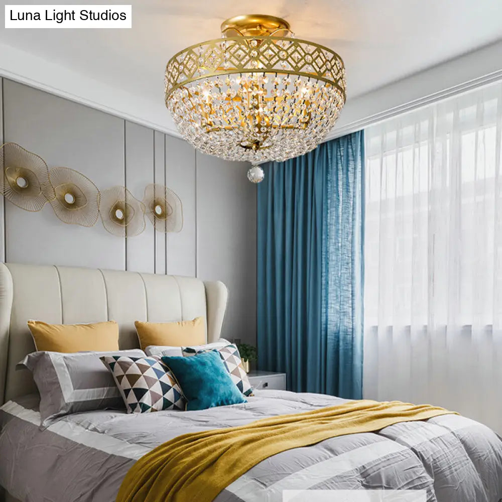 Gold Dome Semi Flush Mount Light With Postmodern K9 Crystal Accents - 3 Lights For Bedroom Ceiling